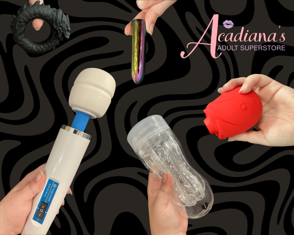 picture of a vibrator, rose toy, cock ring, and a stroker with a black and grey swirly background